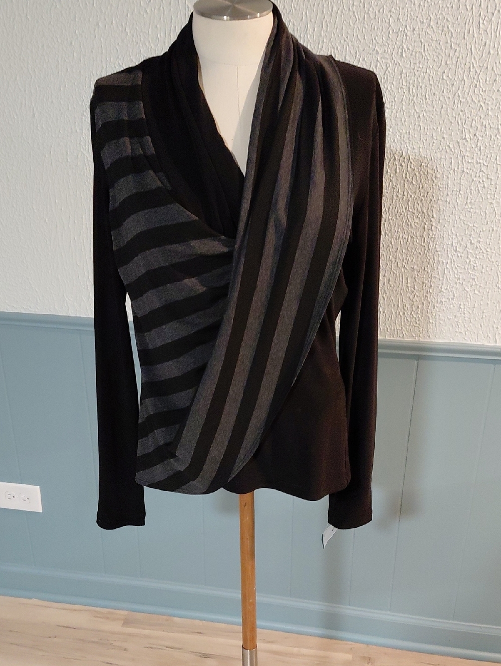 Joseph Ribkoff Black Top with Gray Striped Draped Front